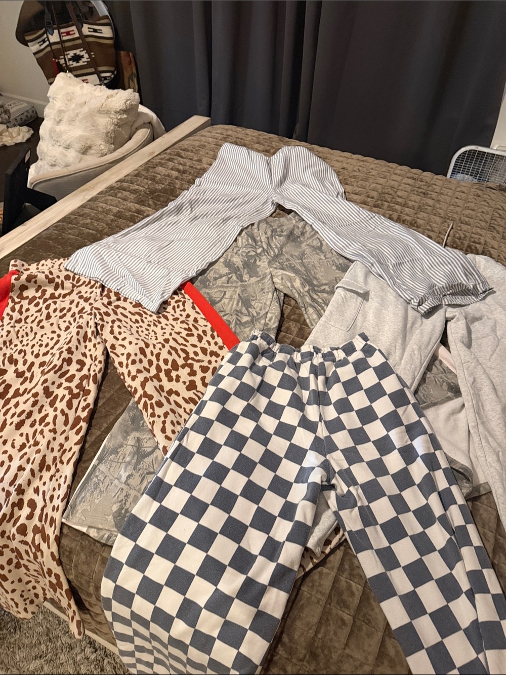 Comfy pants,checkers,grey and Camo are medium the rest are large! $30 for all